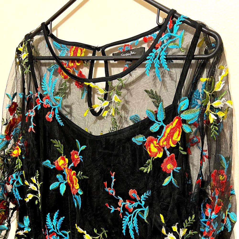 🎉HP🎉 Simply Be Sheer Floral Embroidered Dress w/ Black Slip and Ruched Sleeves - Picture 2 of 8